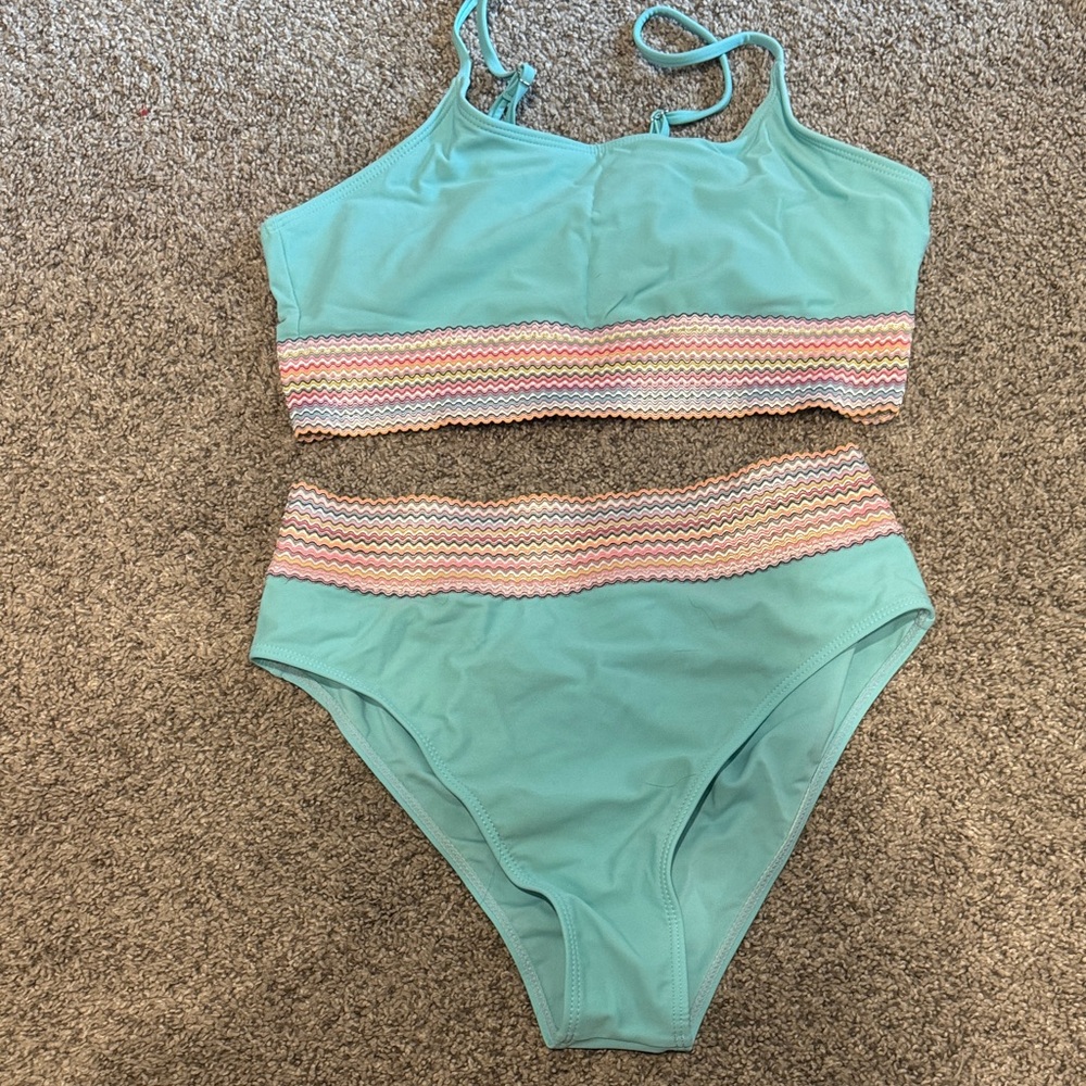 Aqua Bikini Set with Multicolor Stripes